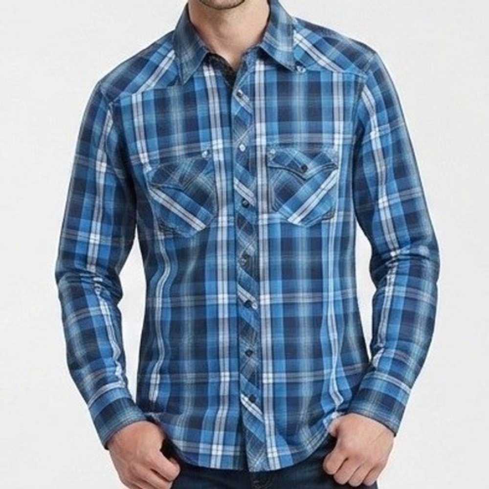 Rock & Roll Cowboy Snap Shirt Mens Medium Blue Plaid Western Long Sleeve‎